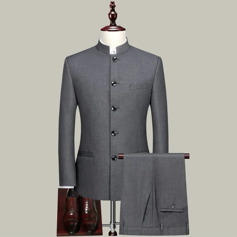 New Men Pure Colour Business Formal Wedding Banquet Suit 2 Piece Fashion Male Chinese St aperçu 3