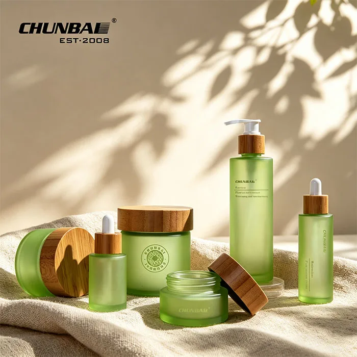 Skincare Packaging Container Empty Custom 30g 50g 100g Green Bamboo Lid Scrub Body Butter Face Cream Frosted Cosmetic Glass Jars