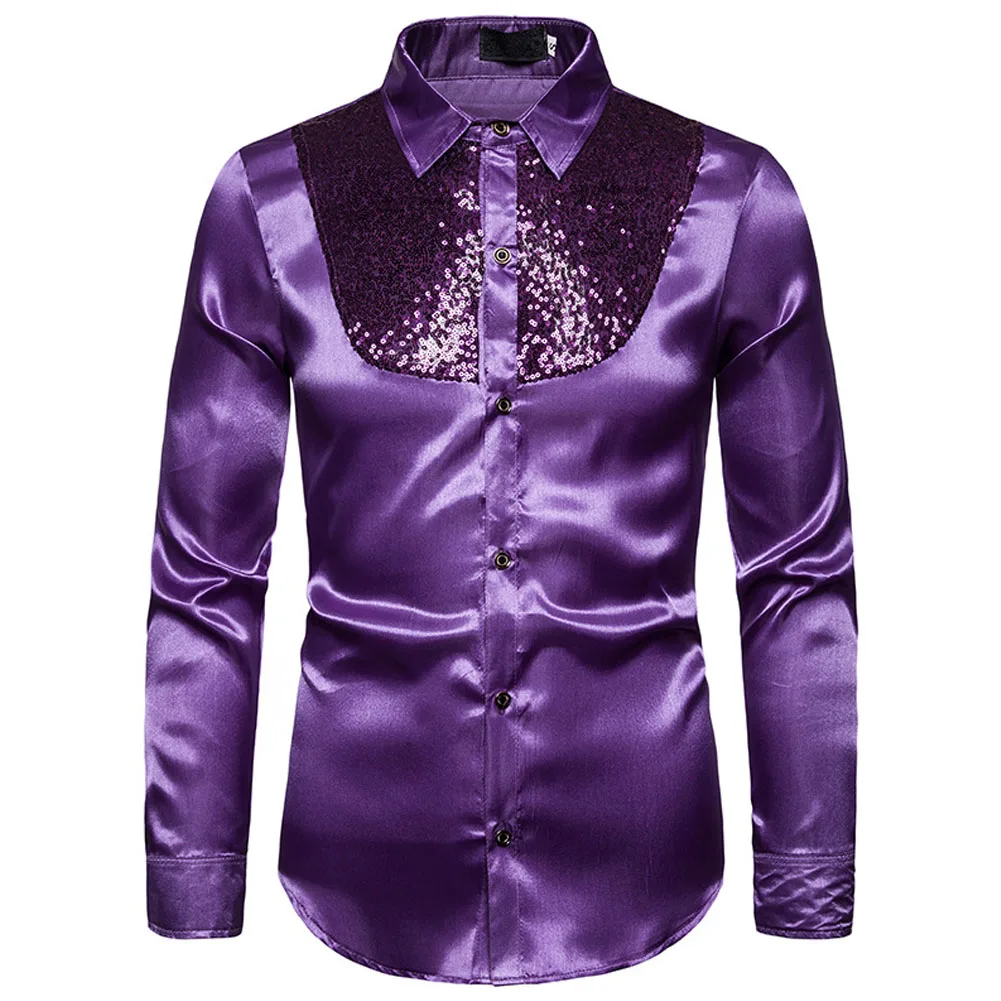 Men's Luxury Sequin Glitter Shirts New Long Sleeve Satin Shiny Disco ...