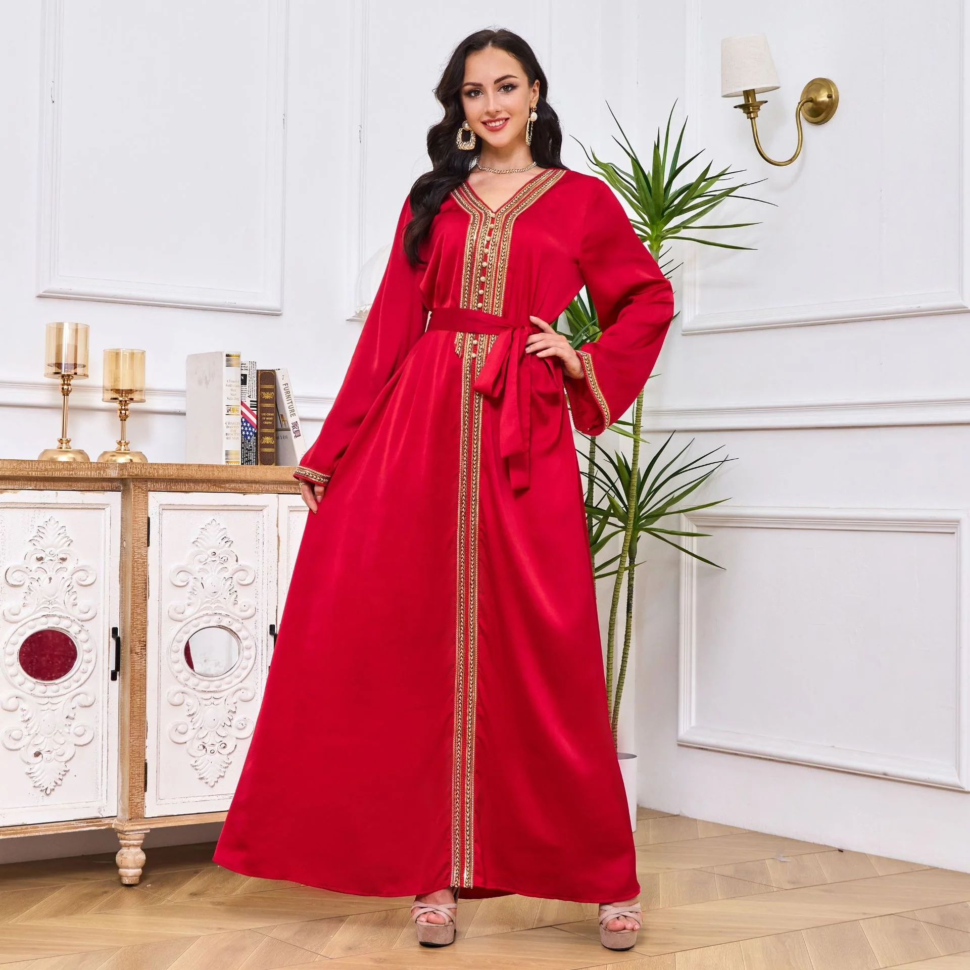 Fashion Turkish Chic Abaya Elegant Saudi Arabia Tape Trim Sashes Muslim  Casual Women Evening Clothing Dubai Solid Long Dress