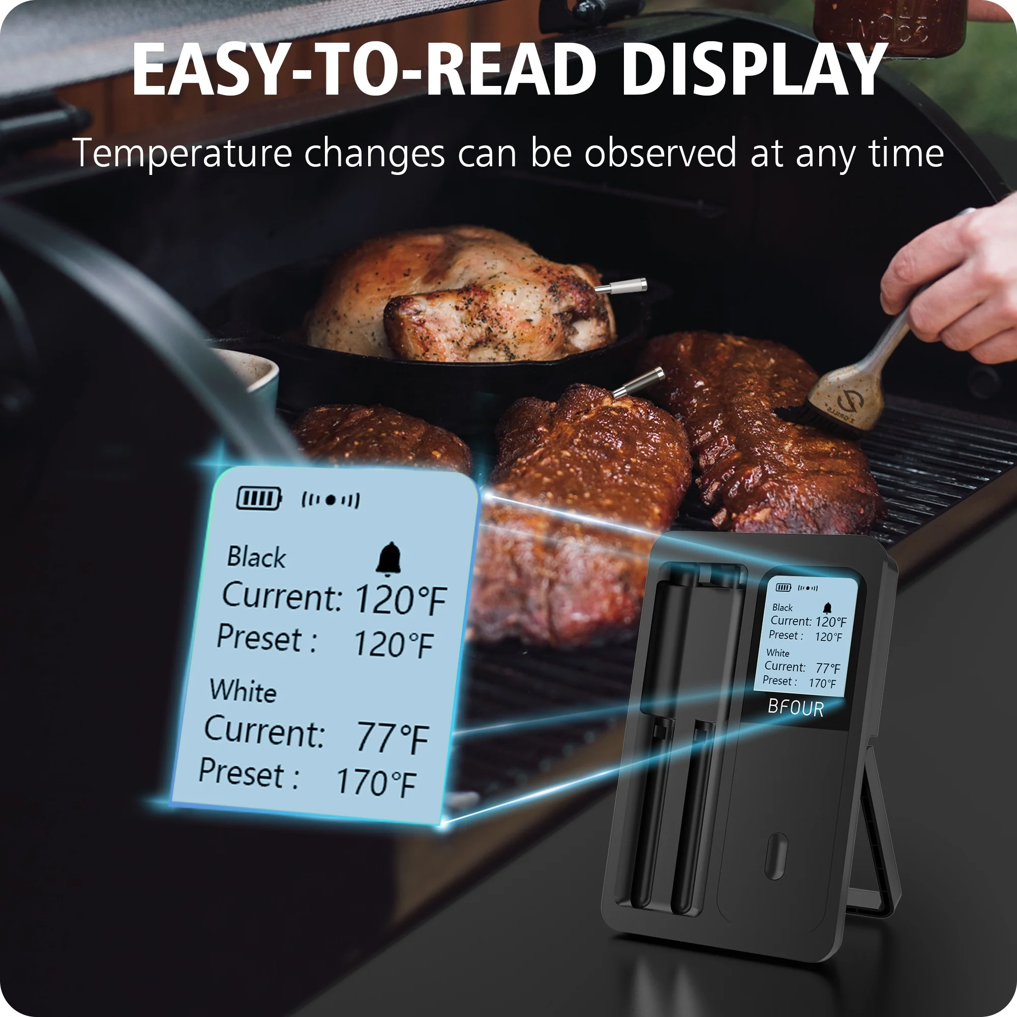 BFOUR 500FT Smart Digital Cooking  Wireless Meat Thermometer for BBQ Grill Oven with Bluetooth APP