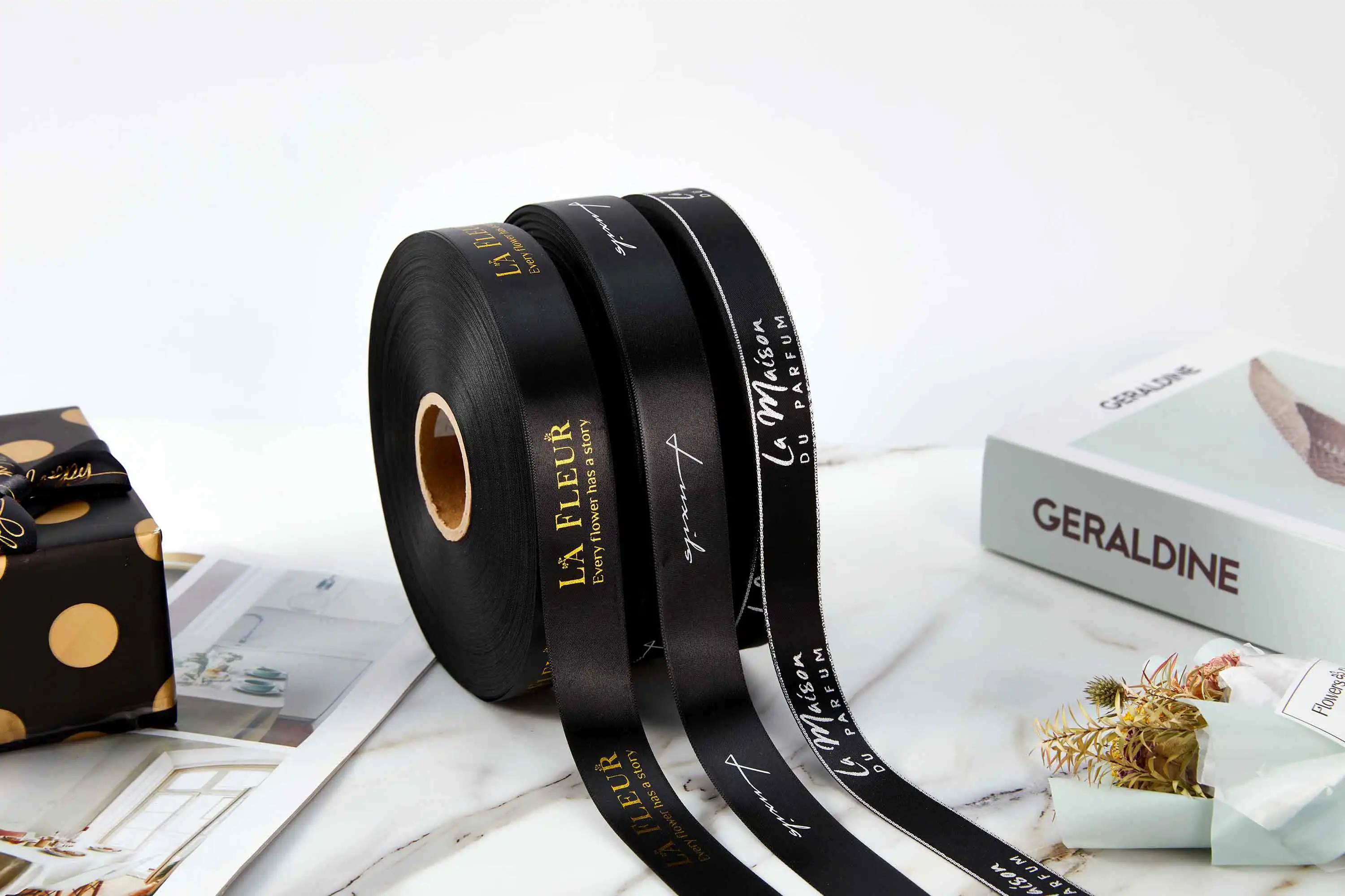 Custom Black Satin Printed Ribbon with Logo for Packing