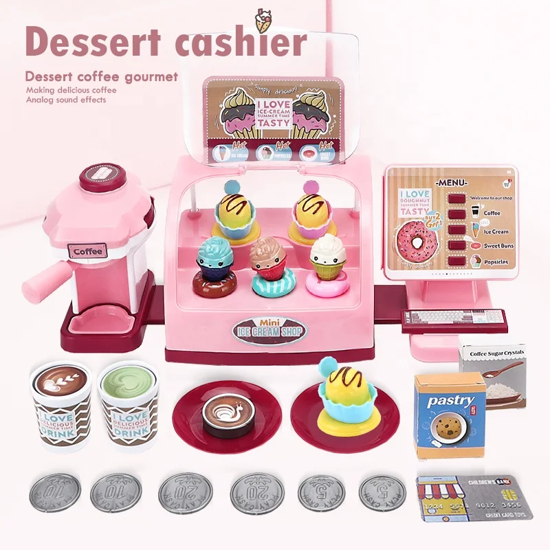 deAO Ice Cream Toy Play Store for Kids, Cash Register Toy Ice Cream Counter  Playset with Ice Cream Maker Machine, Pretend Play Kitchen Accessories