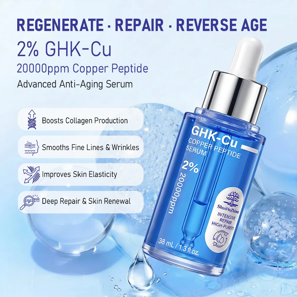 Private Label 2% 20000ppm GHK-Cu Blue Copper Peptide Serum for Intensive Repair 38ml Skin Rejuvenating OEM Face Serum Customized