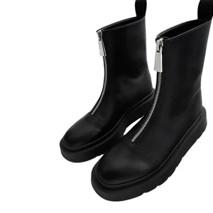 Short Boots: Women's Flat Bottomed Autumn and Winter New Front Zipper Boat Style Thick Soled Chimney Boots, Versatile, Simple Ro