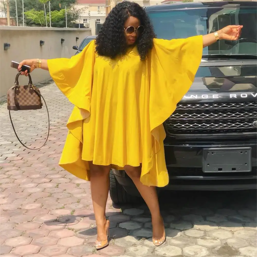 Europe and America Size Womens Long Sleeve Dresses Women Casual Pleated  Loose Yellow Dress