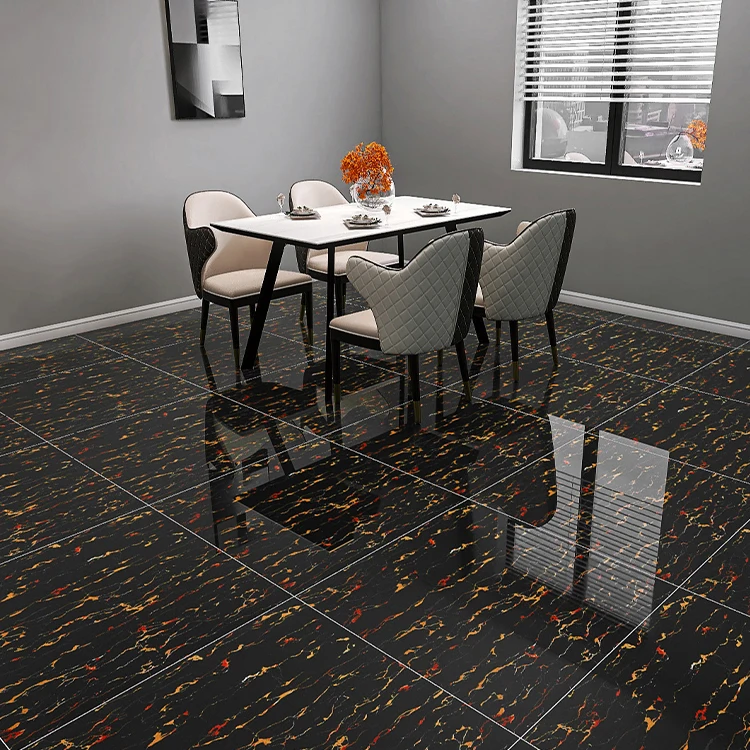 黒と金600x600mm磨かれた床と壁セラミック磁器ガラス化艶をかけ