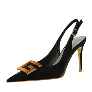 Sexy Nightclub Thin Thin Heel Super High Heel Shallow Mouth Pointed Back Trip with Hollow Metal Buckle Single Shoes
