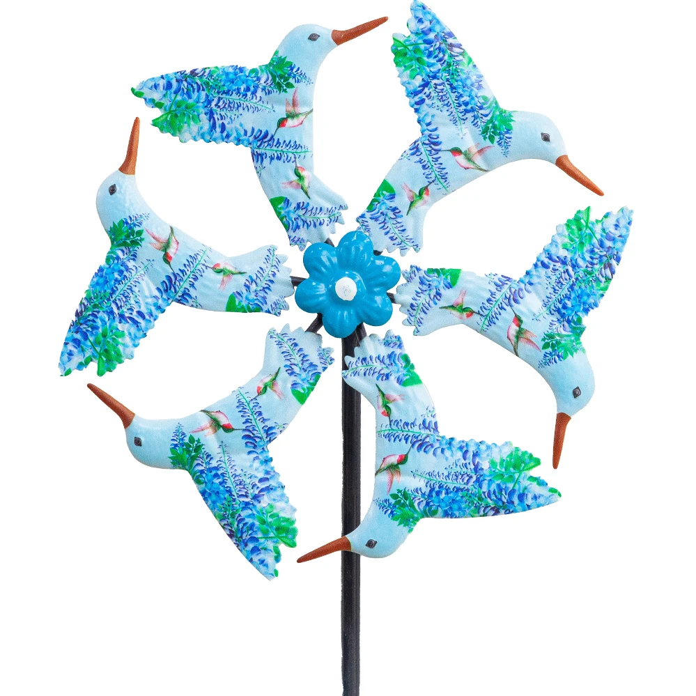 Wind Kinetic Sculpture Spinners, Blue Hummingbird Metal Windmills with Outdoor Garden Stake, 360 Degree Swivel Wind Spinners