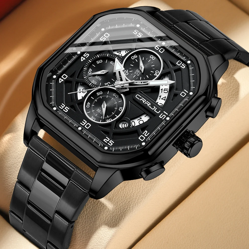 CRRJU Factory 2314  Customized logo Quartz Watch for Men  Chronograph Alloy case  Square Wristwatch Waterproof Watch