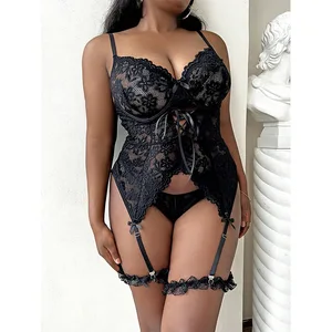 Plus Size Sexy Women's Lace Backless Lingerie Knitted Fabric Half Slips Suit for Night Club 2 Piece MOQ