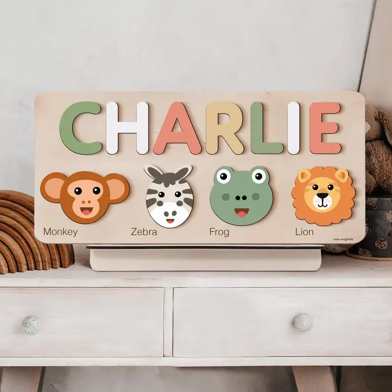 Customized Children Colorful Alphabet Name Puzzle Cute Animal Handmade Wooden Toy Puzzle for Kids Toys