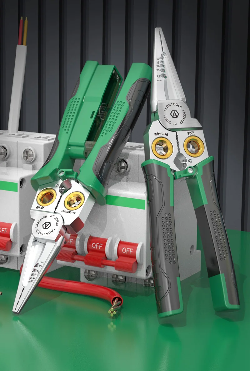 Laoa 8-In-1 Stainless Steel Multifunctional Electrician Wire Stripping and Winding Pliers with Measuring Pen LA324108