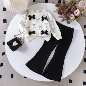 2026 Spring Autumn New Arrivals Fashion Designer Kids Wear Bow Long-sleeved Pullover Hoodie Flared Trousers Girls Clothing Set