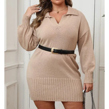 New Autumn Plus Size Women's Eco-Friendly Polyester Polo Collar Bodycon Sweater Dress Wholesale Custom OEM Factory Price