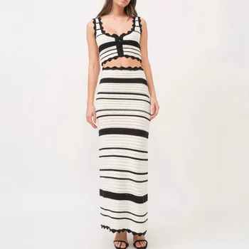 Women's Casual Two-Piece Summer Set Striped Knit Vest Top and High-Waisted Color-Block Skirt Skinny Fit