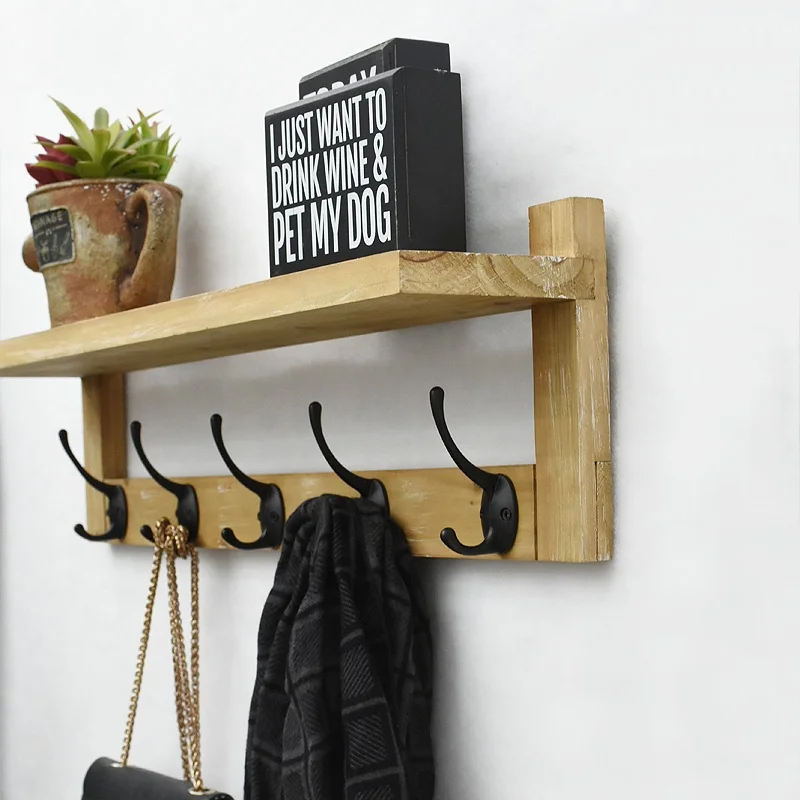 Rustic Wall Mounted Coat Rack Shelf,Farmhouse Brown Wooden Entryway Wall Shelf With 5 Rustic