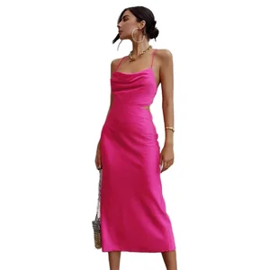 Elegant Bohemian Cross-Back Backless Satin Dress XS-Sexy Summer for Women Natural Waist Breathable Eco-Friendly