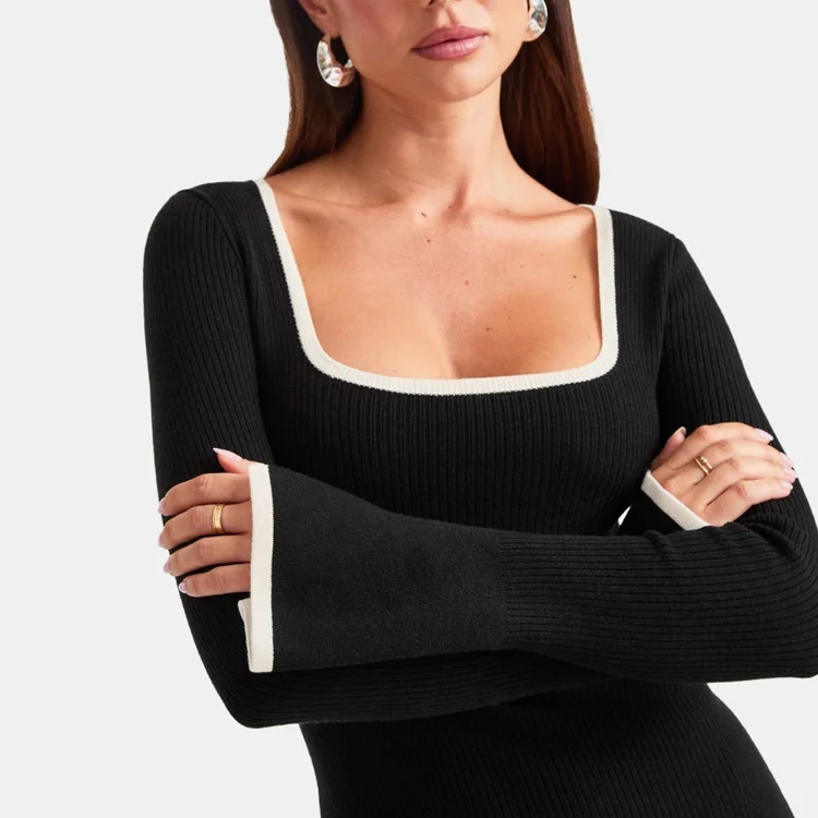 Custom Logo Ladies Ribbed Dresses Breathable Sculpt Knitted Causal Evening  Outfit Long Flare Sleeves Color Contrast Plain Dyed| Alibaba.com