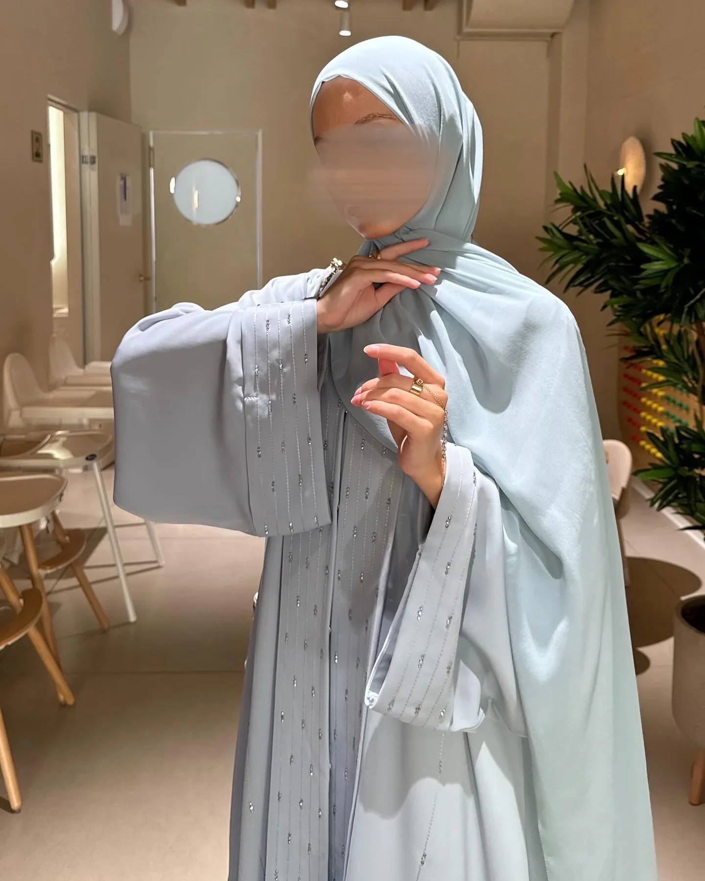 Muslim Islamic Open Abaya Kimono Modest Evening Prayer Modest Dresses Mid Eastern Women Blue Chiffon Dresses With Diamond