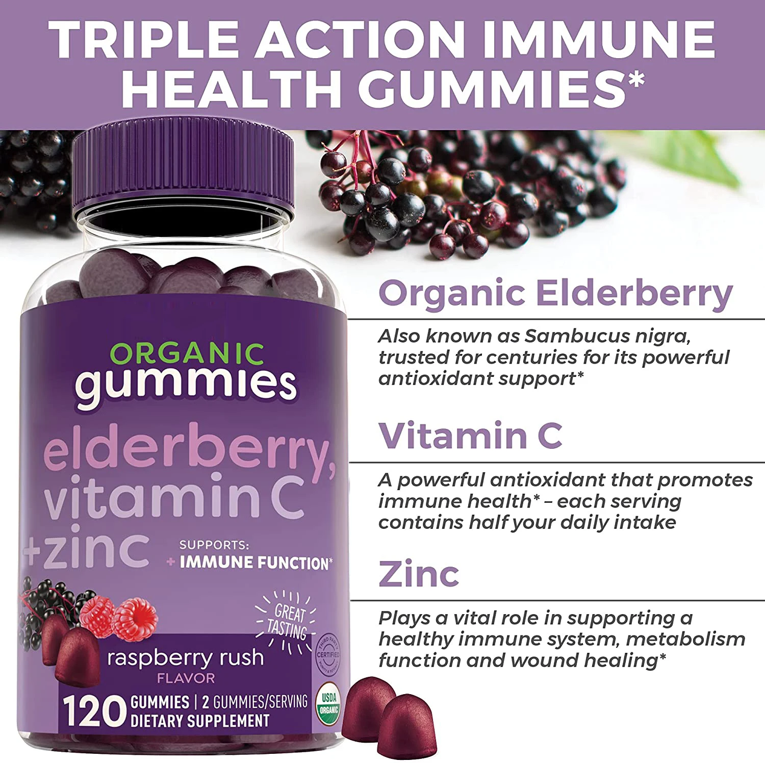 Adults Herbal Supplement Immune Support Organic Sambucus Black Elderberry Gummies With Zinc Vitamin C