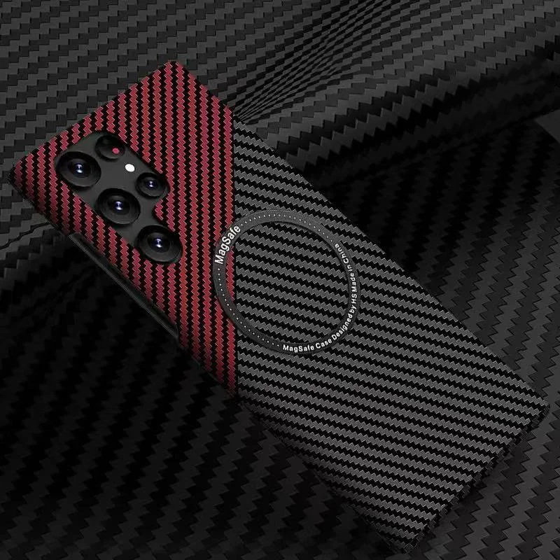 Wireless Charging PC Material Carbon Fiber Texture Shockproof Strong Magnetic Mobile Phone Case for S21/S22/S23 Ultra