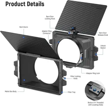 NEEWER Mini Matte Box With a 4"x5.65" Filter Tray, Carbon Fiber Flag, 4 Circular Lens Ring Adapters (67/72/77/82mm), Compatible detail image