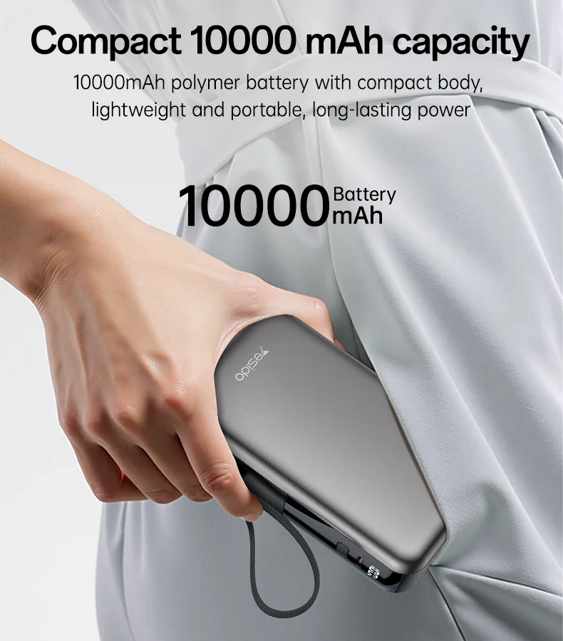Yesido 10000mAh 22.5W Fast Charging AC+DC Retractable Cable Digital Display Screen Power Bank With AC Charger YP90