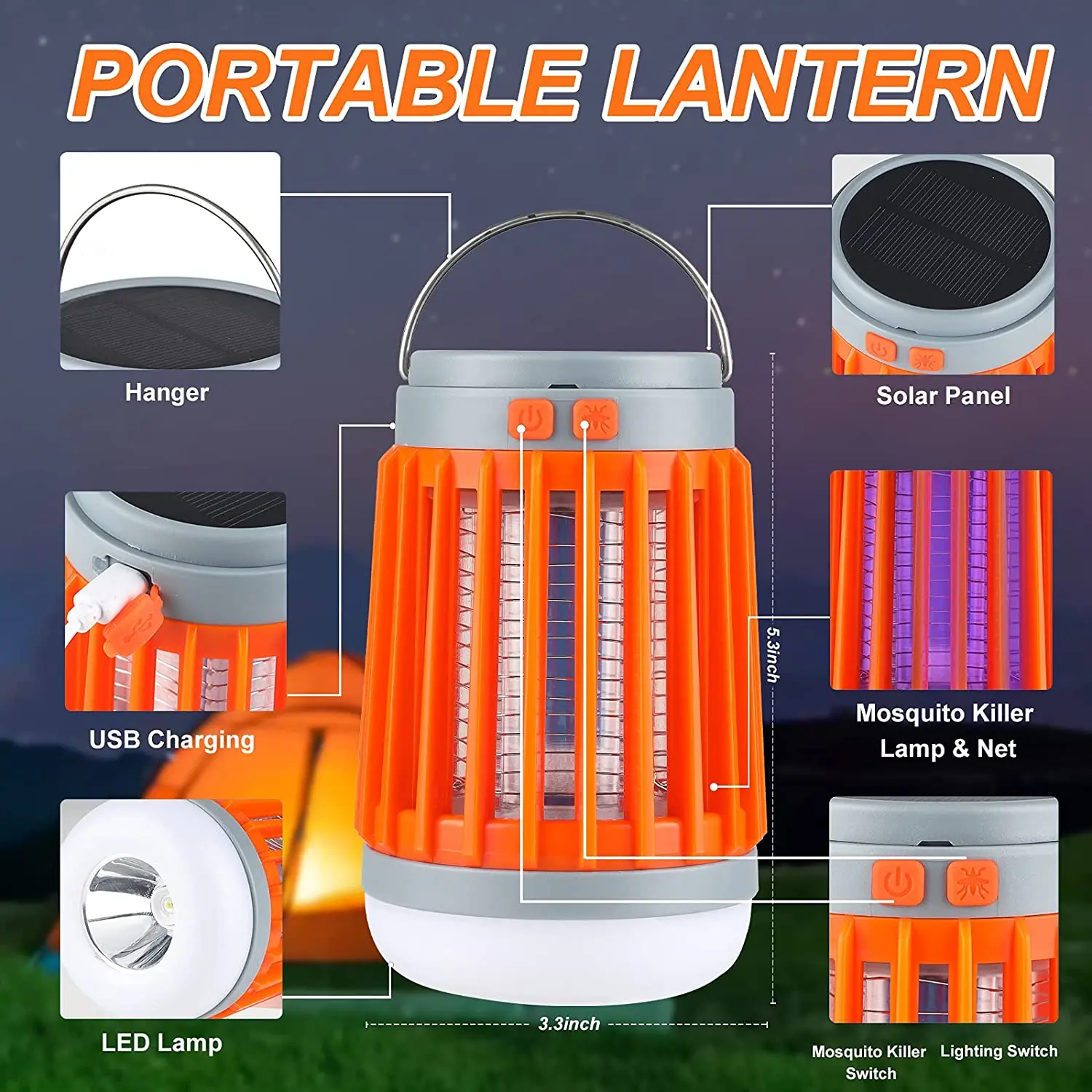 3 In1 Multi-functional Waterproof Portable Solar Usb Rechargeable Bug Zapper Camping Lamp Flashlight Led Light Tent Lantern supplier