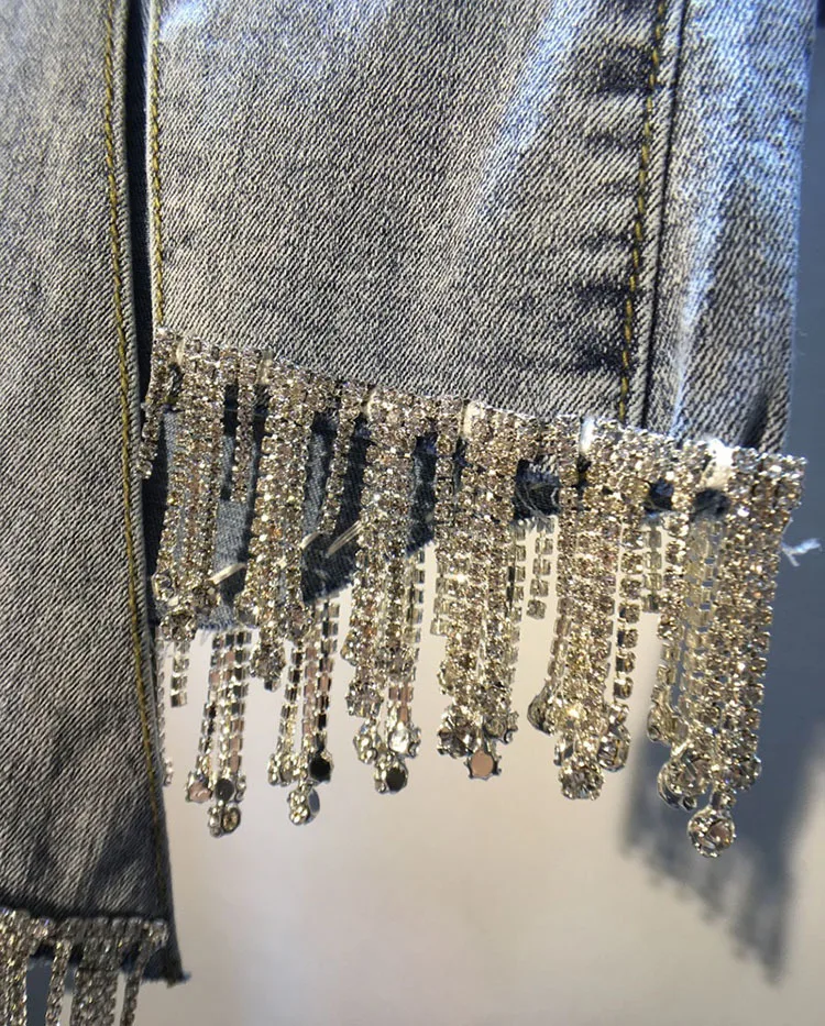 Rhinestone Tassel Studded Beads High Waist Women Jeans Slit Skinny ...