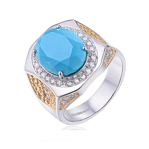 Keiyue Vintage Copper or Silver 925 Mens Two-tone Blue Turquoise Gemstone Rings Silver Ring for Men