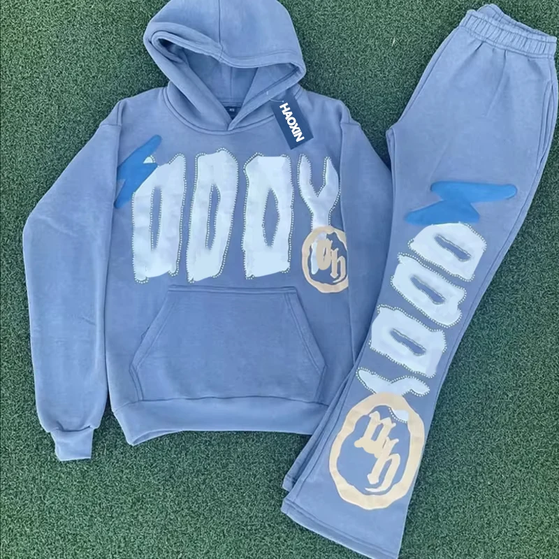 Custom 3D Puff Print Sweatsuits Fleece Tracksuit Set Oversized Cotton Joggers Flared Sweatpants and Hoodie Set Men