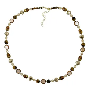 Natural Brown Tiger's Eye Crystal Pearl Beads for Women Jewelry Coffee Beaded Necklace Sweater Chain