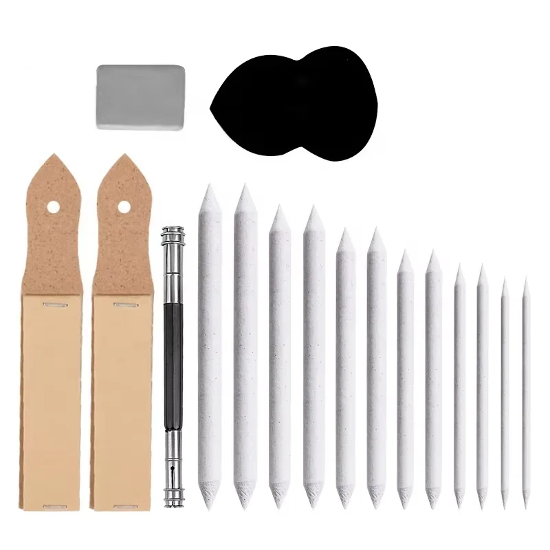 17pcs Art Student Sketch Drawing Kit 2 Sandpaper 1 Pencil Extender 1 Eraser 1 Gourd Sponge Blending Stump Set for Sketching