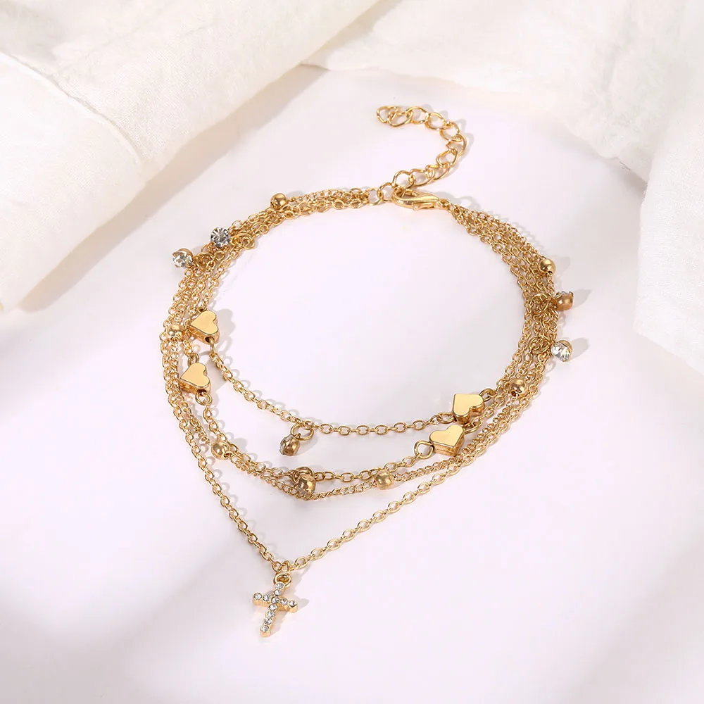 VKME Bohemia Newest Gold Multilayer Chain Anklets for Women Beach Barefoot Butterfly Cross Pendant Charm Anklets Jewelry