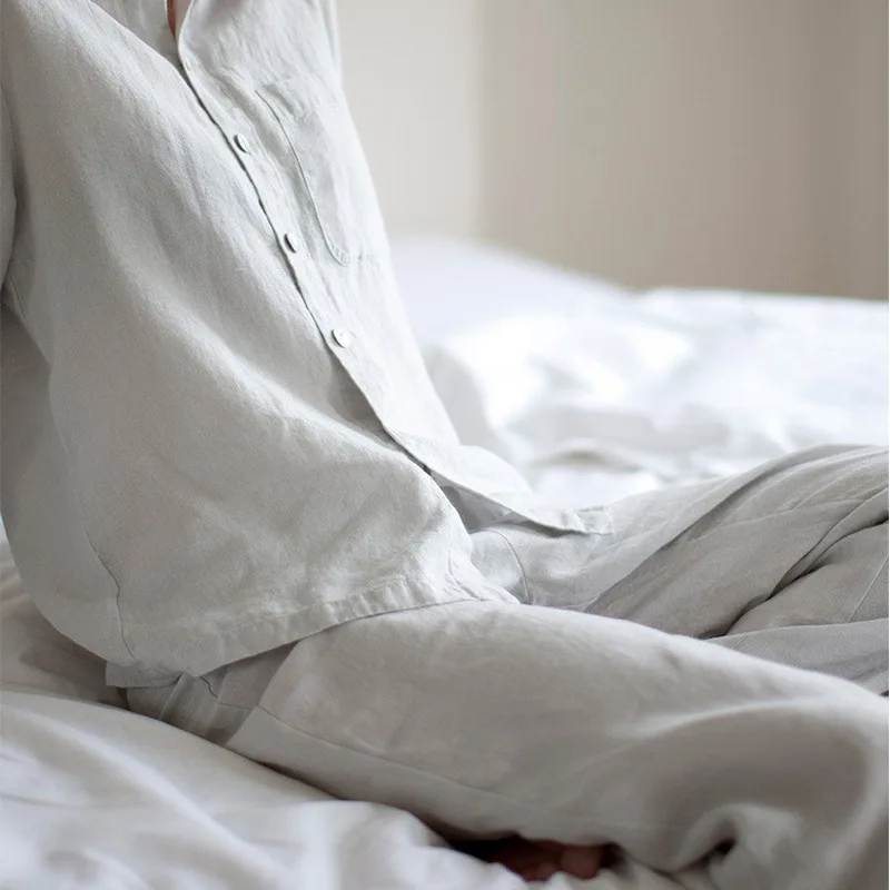 Unisex Linen Pajama Set Women Men Sleepwear Couple Nightgown Eco Sustainable Flax Linen Clothing Support