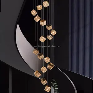 Modern Crystal Staircase Chandelier for Home Villa Remote Control Adjustable Height Warm White Lights Ceiling Hanging