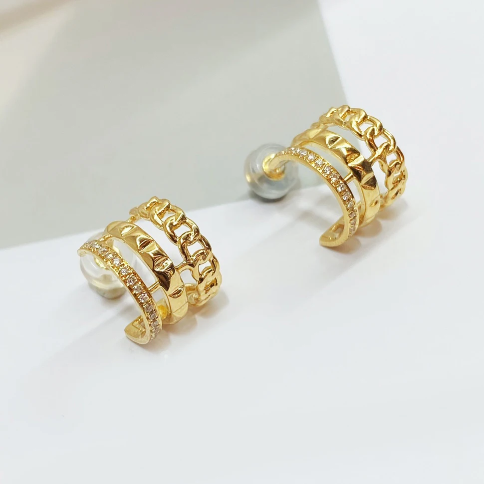 18K Solid Yellow Gold Minimalist Three Layers Semi Hoop Stud Earrings Unique Daily Wear for Women Classic Wedding Jewelry Gift