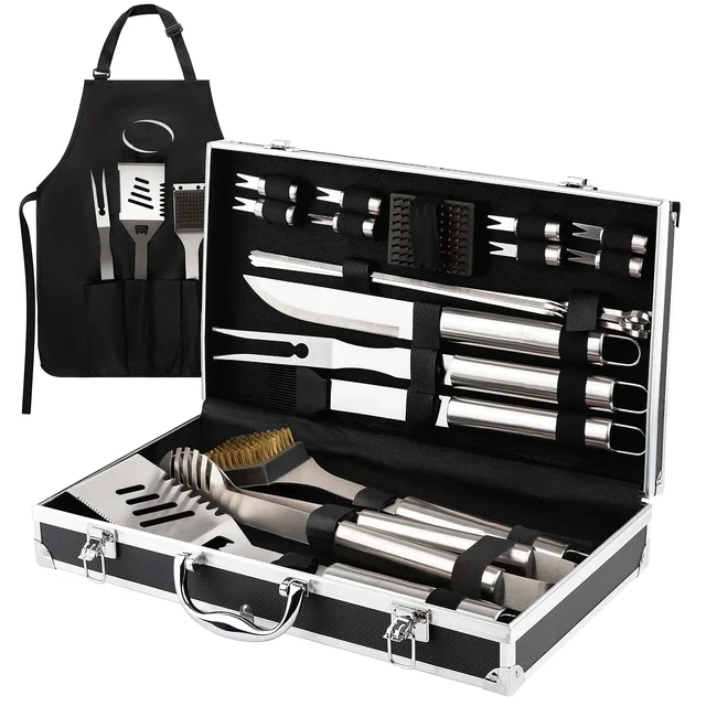 Newest Design 20 Pieces Premium Stainless Steel Grill Set Heavy Duty BBQ Tool Set with Aluminum Box and Apron