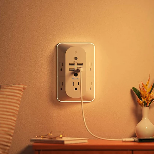 Tonghua 5-Outlet Extender Night Light Plug Wall Charger Surge Protector USB Port 15A Rated Current 125V Rated Extension Socket