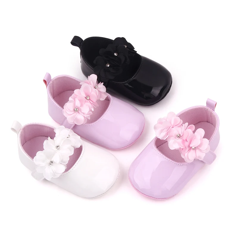 Solid Color Leather Rhinestones Flower Baby Girls Fashion Princess Small Leather Shoes for Toddler Shoes