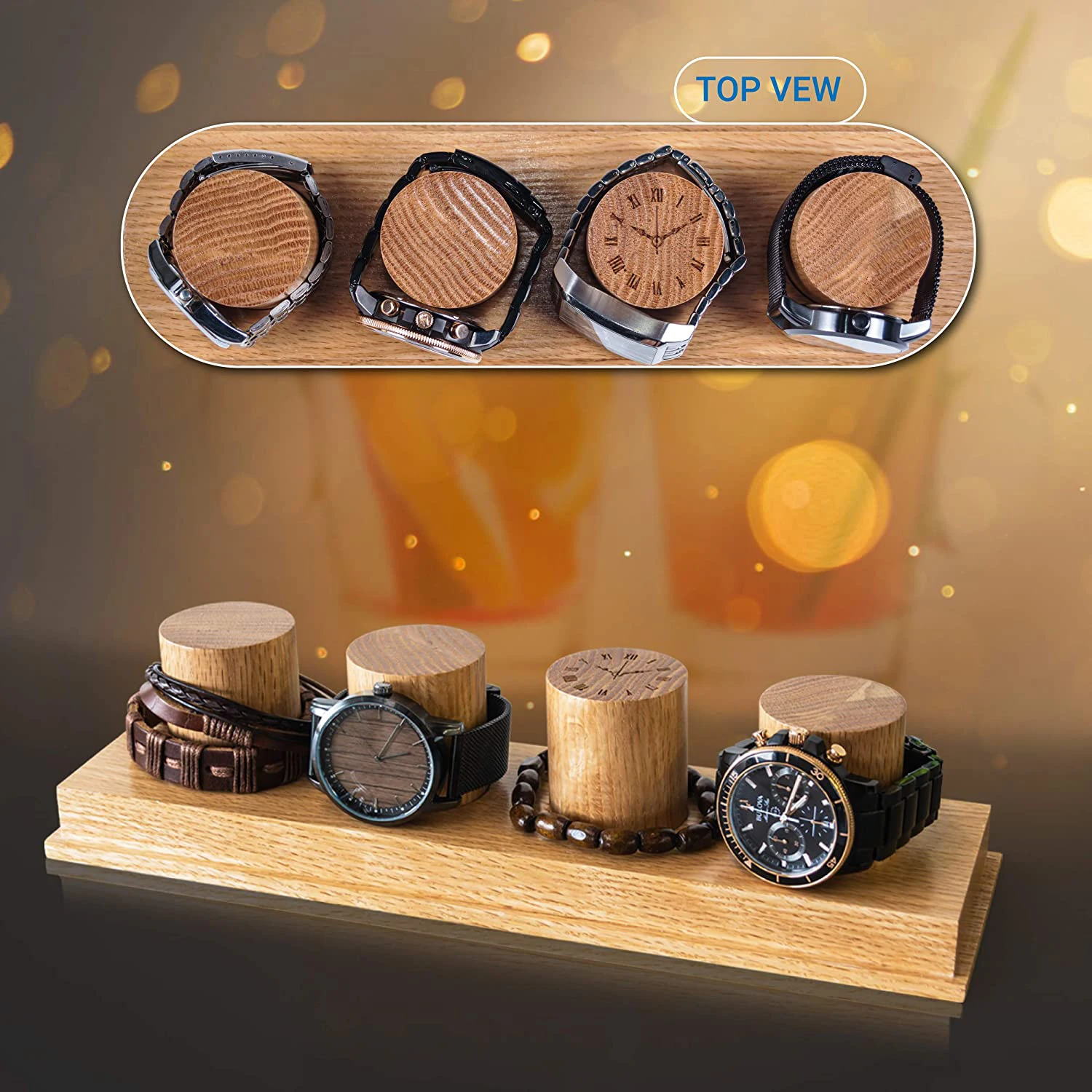 Rustic Style Solid Oak Wooden Watch 4 showcase Stand Holder Box Display with Glass Top