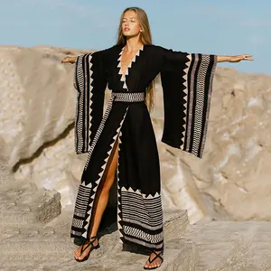 2022 Summer Bohemian Print Women Beach Party Dress Black Long Sleeve  V Neck Bandage Casual Sexy Holiday Maxi Dresses