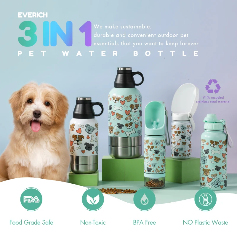 Dog Travel Water Bottle 3 In1 Pets Stainless Steel 32oz Dog With Two