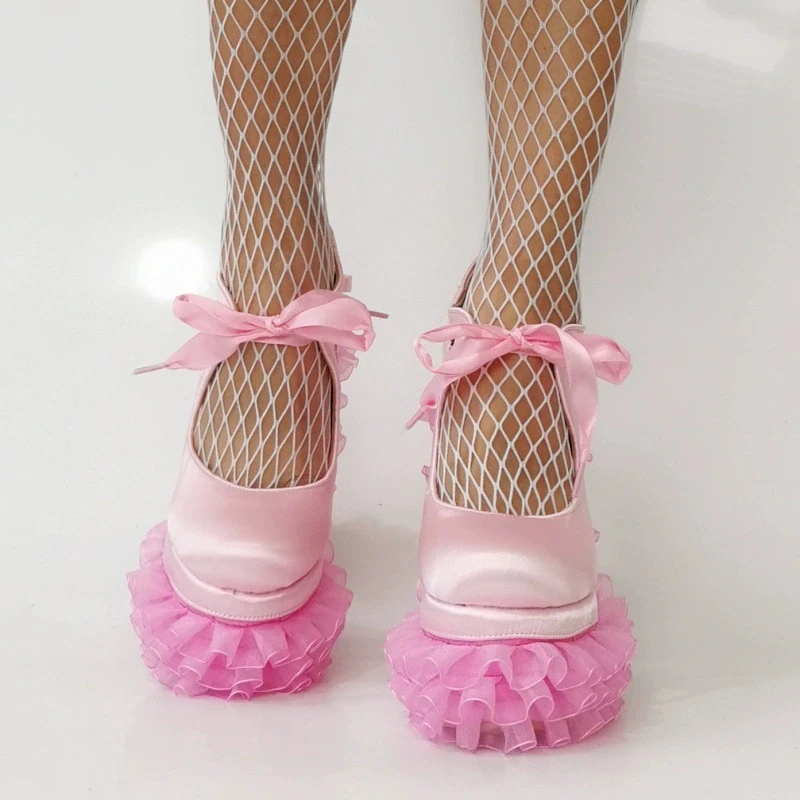 Fashion Cosplay Girls Pink Lolita Lace Fringe Heel Large Size 47 Mary Jane Shoes Chunky Heels Platform High Heels - Image 5