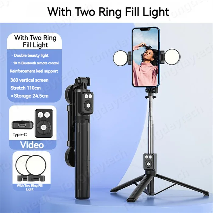 BT12 Selfie Stick with LED Ring Light Flexible Foldable