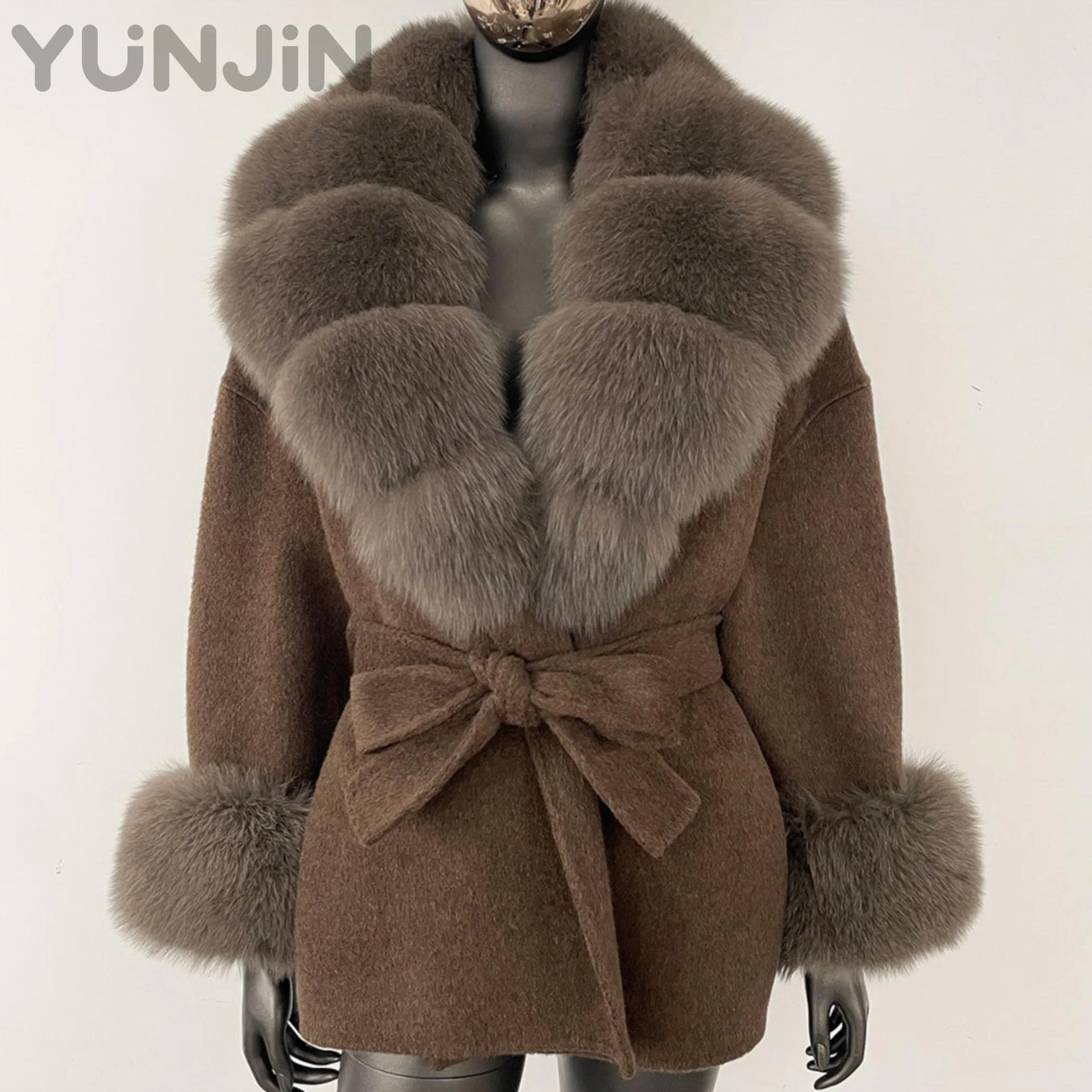 2025AW Women Oversized Fox Fur Collar Double-Faced Wool