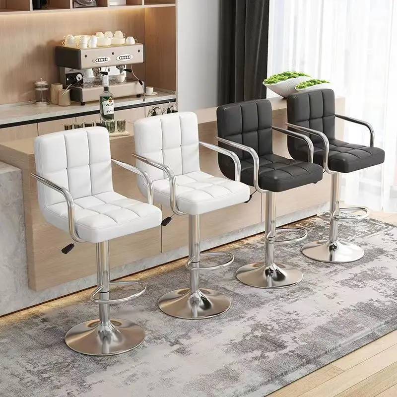 Modern Minimalist Mulit Function High Back Bar Stools With Fixed Armrest White Checkered Leather Bar Stool Chairs for Casinos