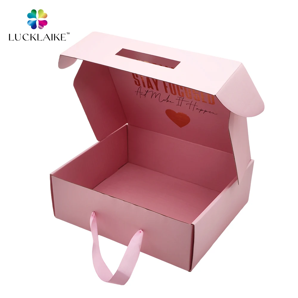 Pink Packing Boxes Cardboard Recyclable Corrugated Mailers Printing Custom Size Logo Cosmetic Shoe Hat Shipping Box with Handle