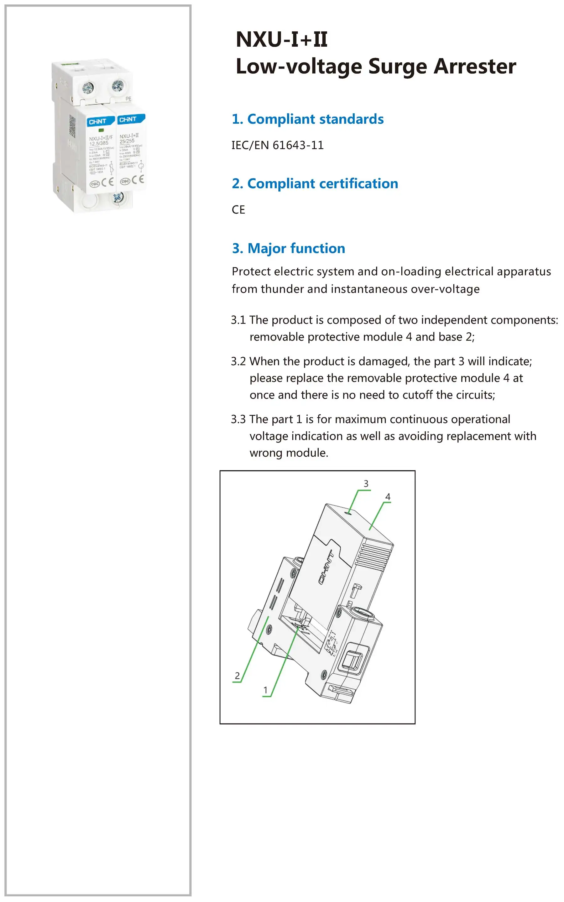 Chint NXU-I+II Surge Protector T1 T2 Type 1 and 2 Type B and C Class I and II 40kA 50kA 1P 2P 3P 4P CHNT SPD Surge Arrester